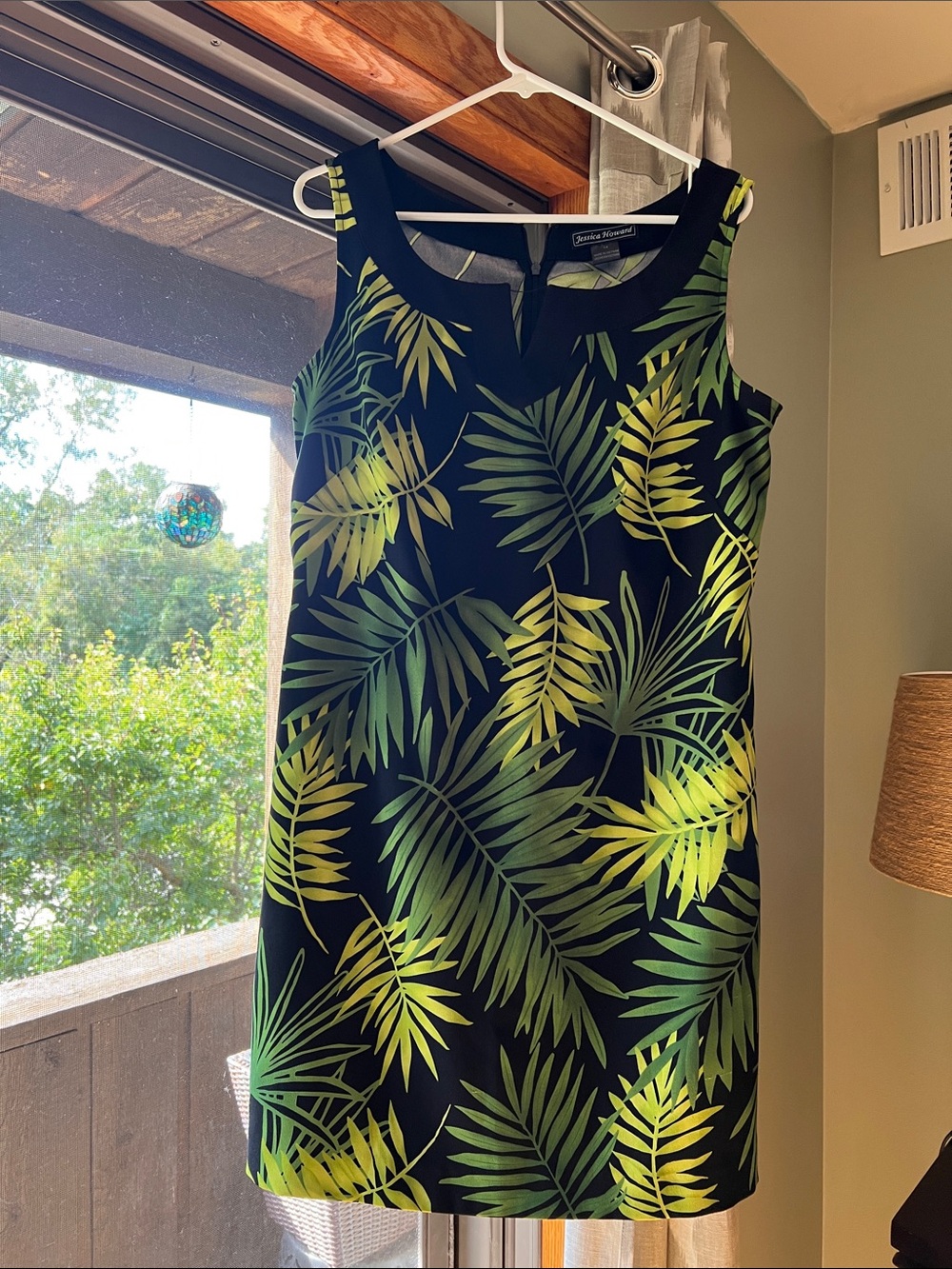 Sleeveless Black Shift  Dress with Green Palm Print